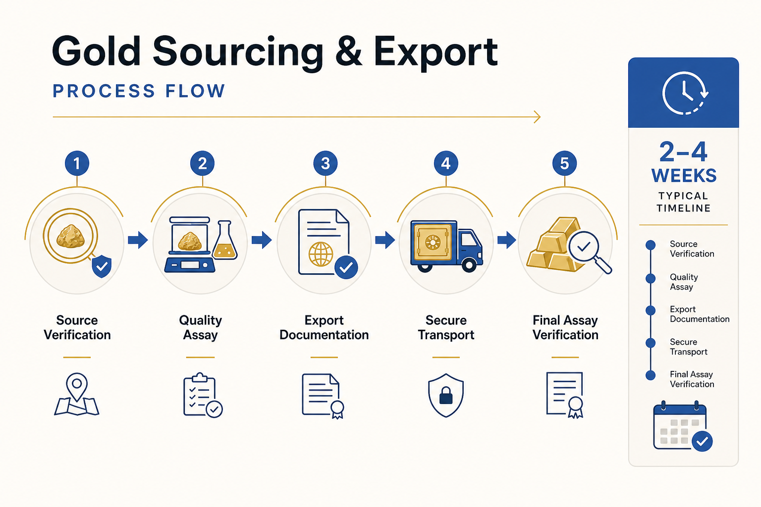 Gold sourcing and export process flow from verification through final assay
