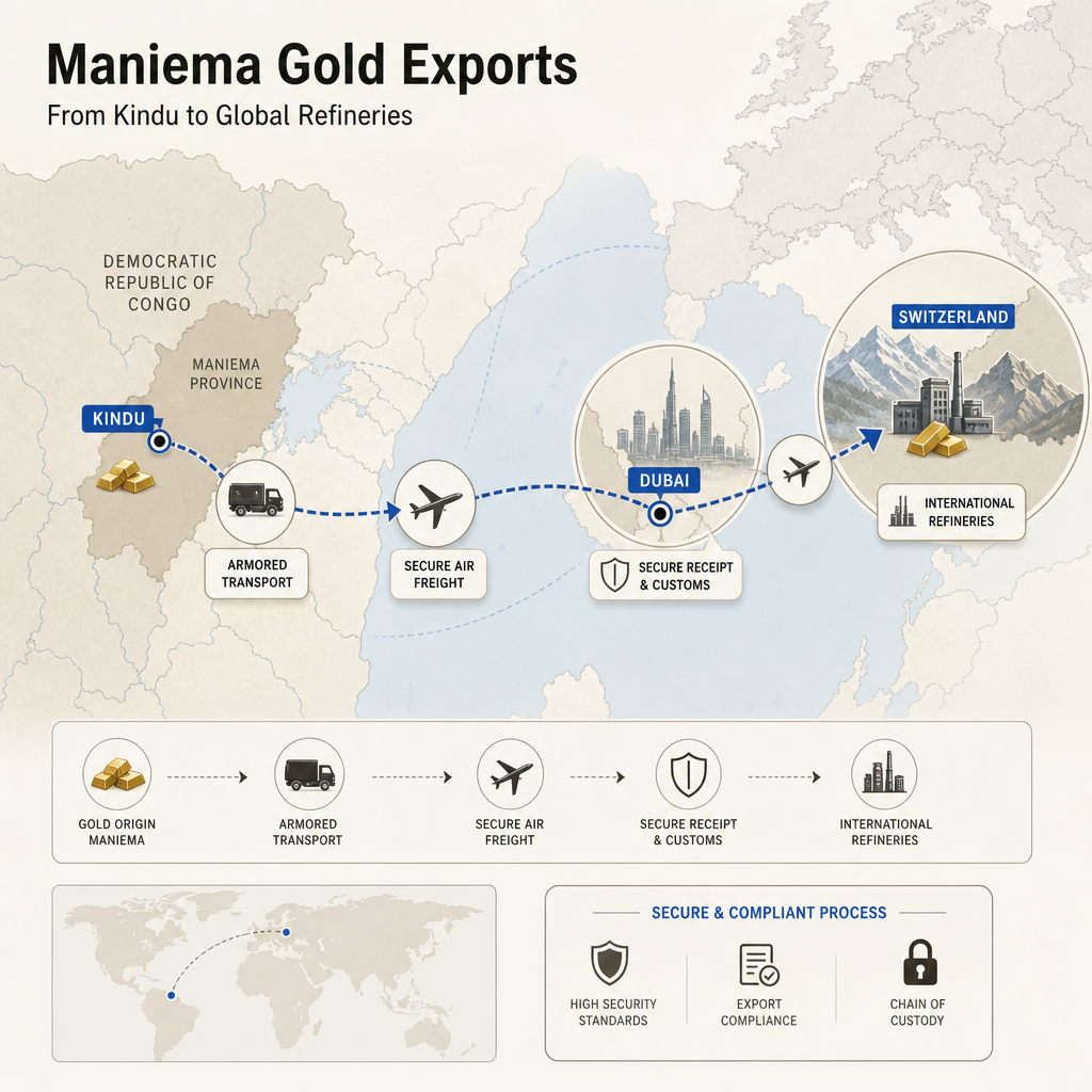 Map-based infographic showing the logistics flow of gold exports from Maniema to Dubai