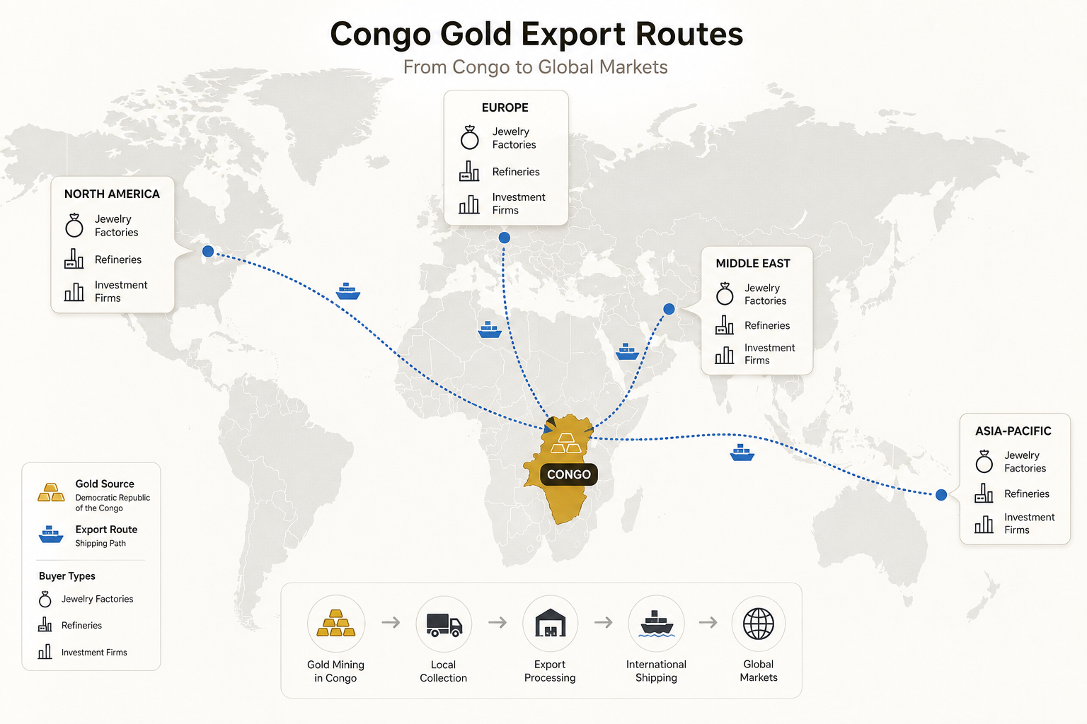Global trade map showing Congo gold export routes to major markets including North America, Europe, Asia-Pacific and Middle East