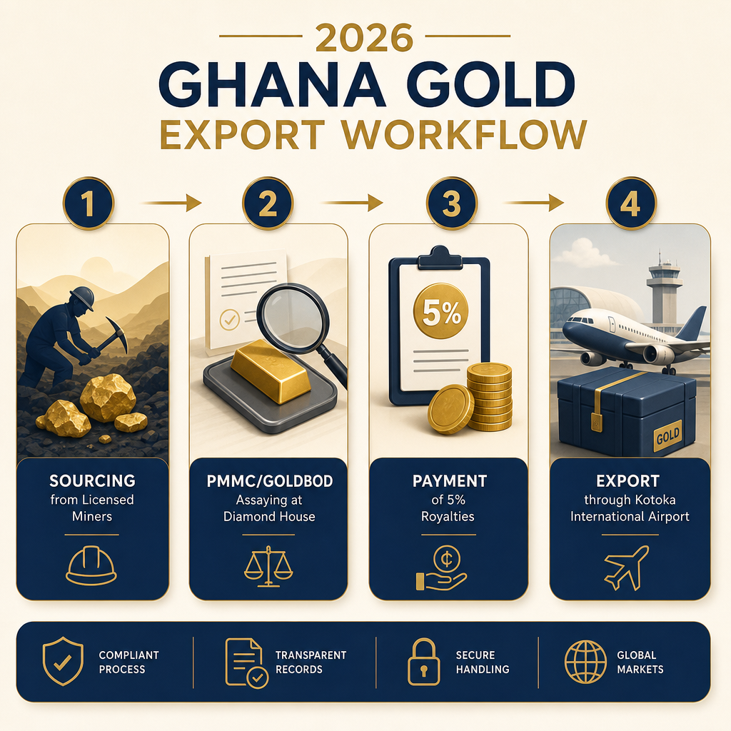 A professional diagram showing the 2026 Ghana Gold Export Workflow from Sourcing to Airport Shipment