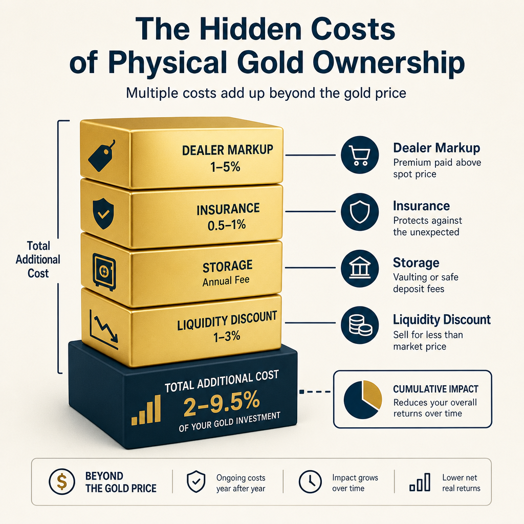 Stacked cost breakdown for physical gold ownership showing dealer markup, insurance, storage, and liquidity discount combining for 2-9.5% total annual costs