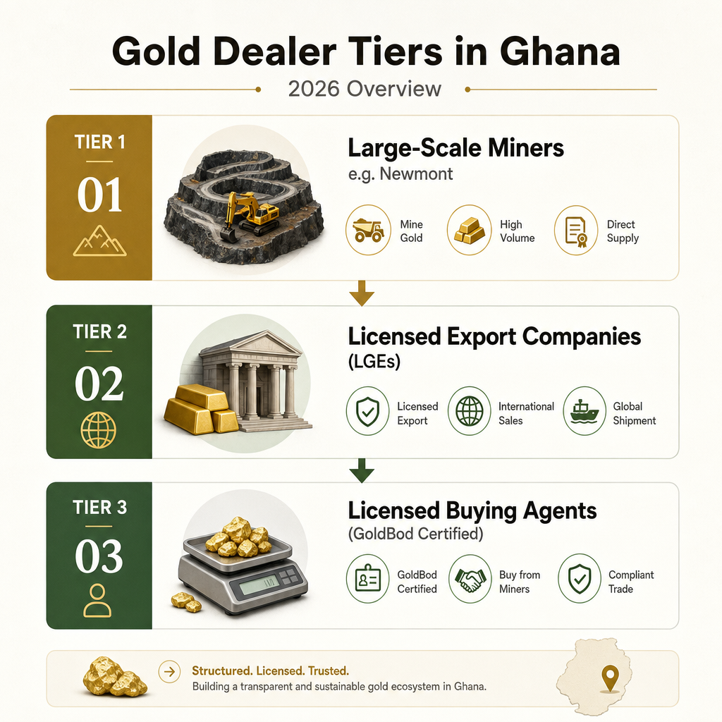 Infographic of the different tiers of gold dealers in Ghana including Tier 1 miners and Tier 2 exporters