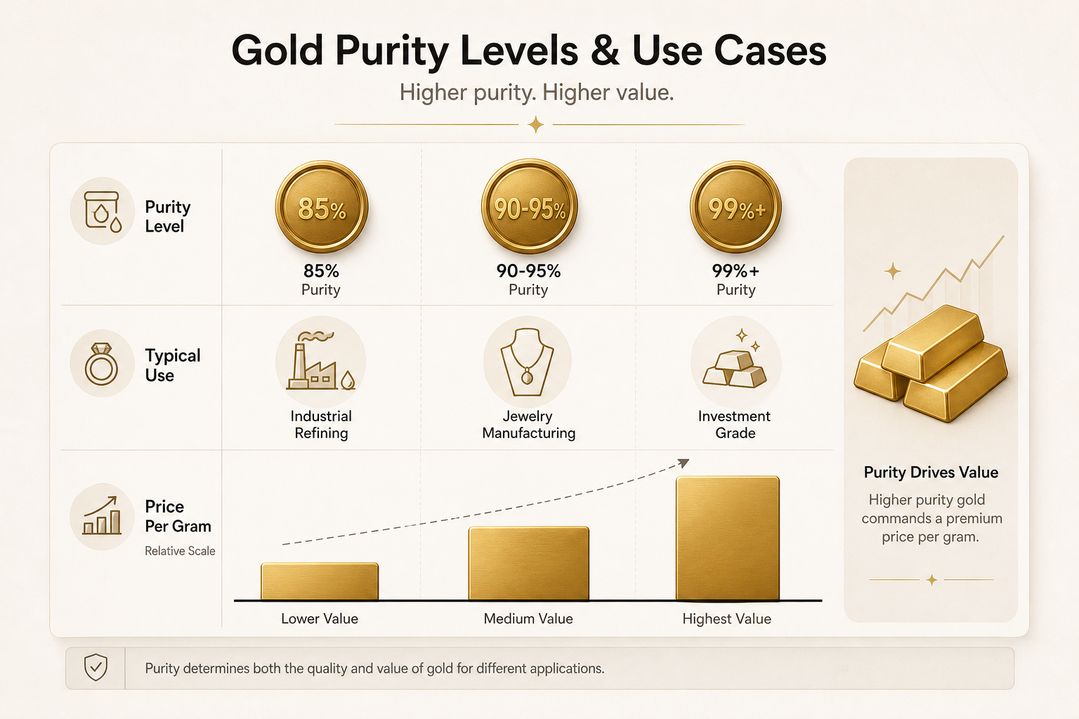Gold purity levels and pricing comparison chart showing industrial, jewelry, and investment grade options