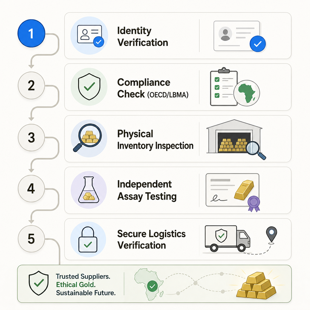 Infographic showing the 5-step vetting workflow for gold suppliers: Identity Verification, Compliance Check, Physical Inspection, Independent Assay, and Logistics Verification