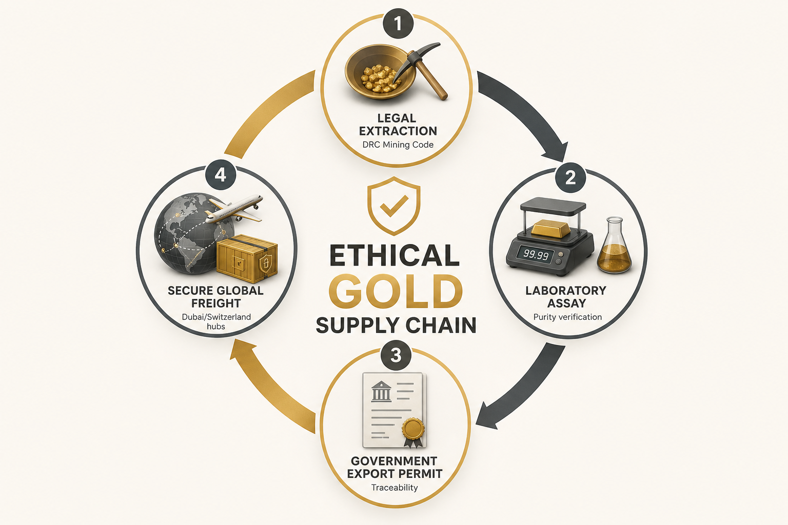 Four-step ethical gold supply chain: Extraction, Assay, Permit, and Secure Freight