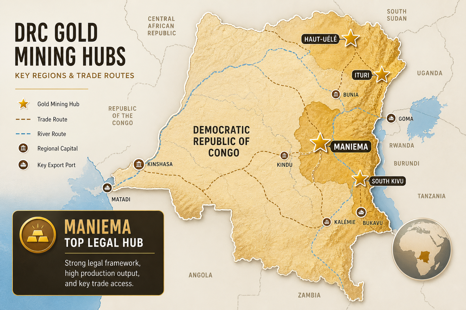 Regional map of the Democratic Republic of Congo highlighting key gold mining hubs like Maniema, Ituri, and South Kivu