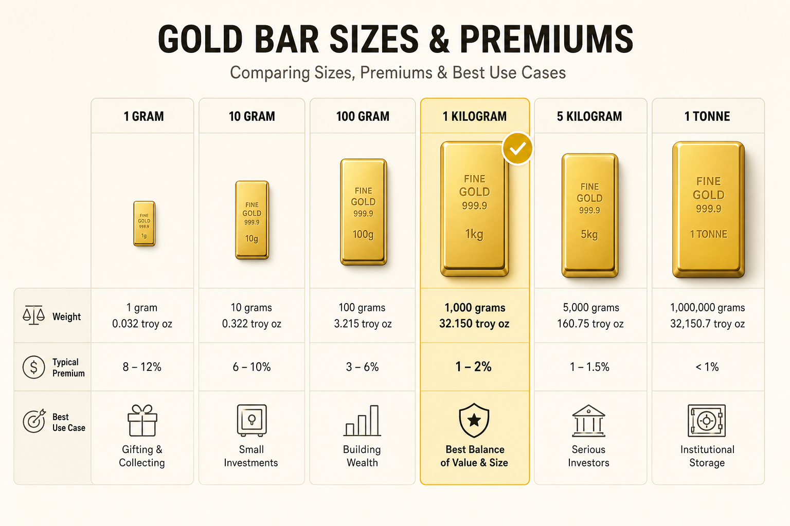 1kg gold bar specifications and weight comparison