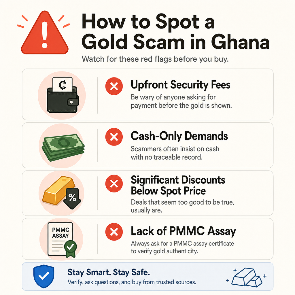Checklist infographic titled How to Spot a Gold Scam in Ghana detailing upfront fees and cash-only demands