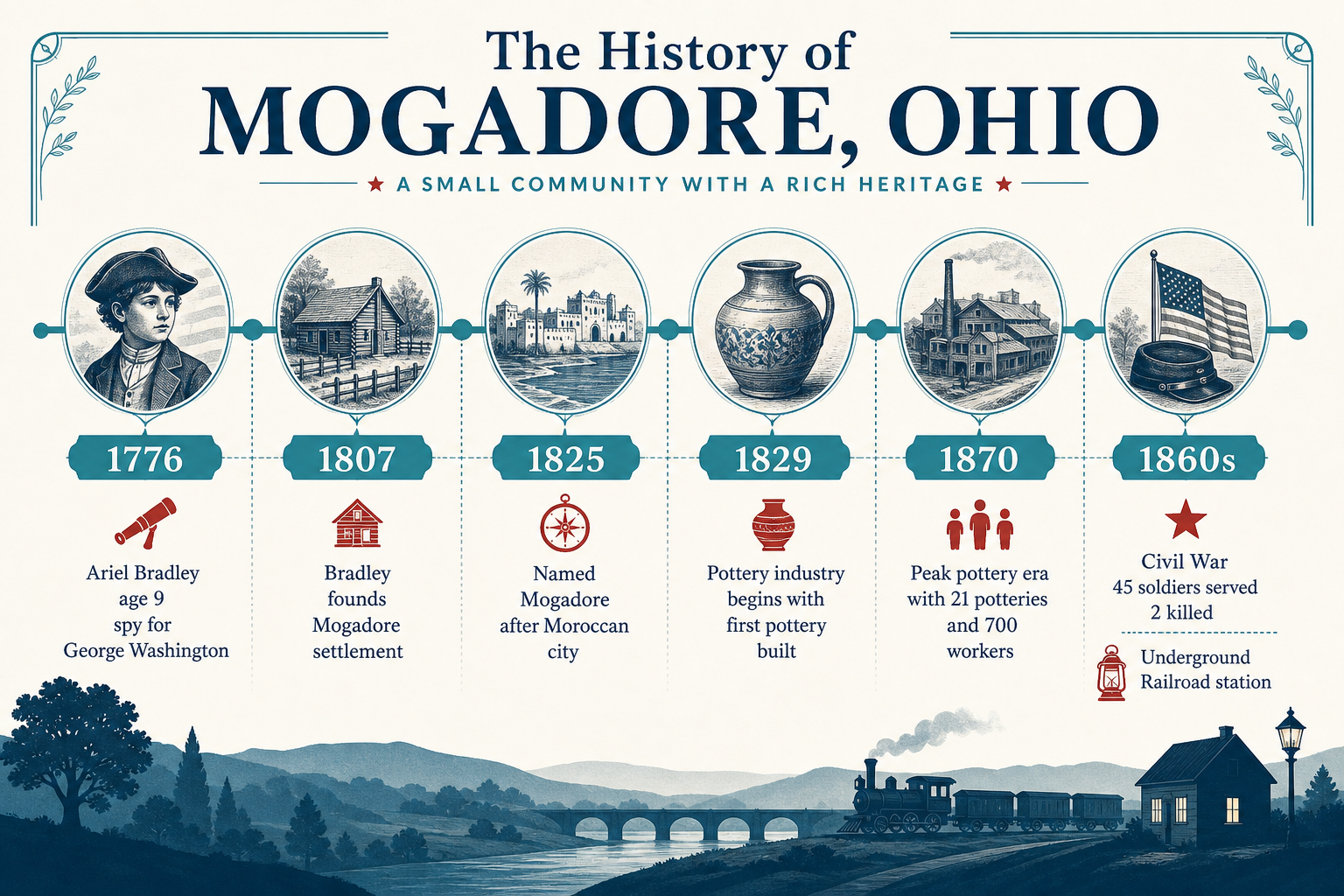 Mogadore history timeline from 1776 Revolutionary War through pottery era to modern day showing Ariel Bradley, founding settlement, Civil War service, and industrial heritage