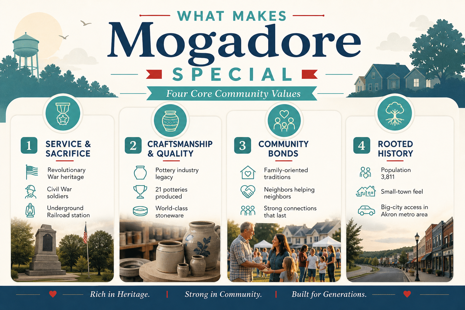 What makes Mogadore special infographic showing four community values: Service and Sacrifice from Revolutionary War through Civil War, Craftsmanship and Quality from pottery era heritage, Community Bonds from family traditions, and Rooted History in Akron metropolitan area