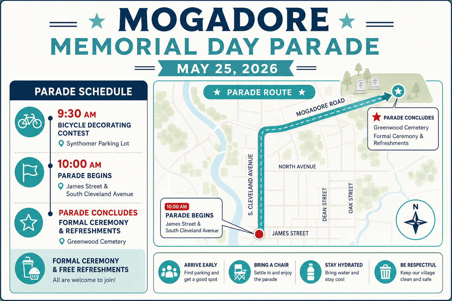 Mogadore Memorial Day Parade route and schedule showing timing from 9:30 AM bicycle contest through 10:00 AM parade start and ceremony at Greenwood Cemetery