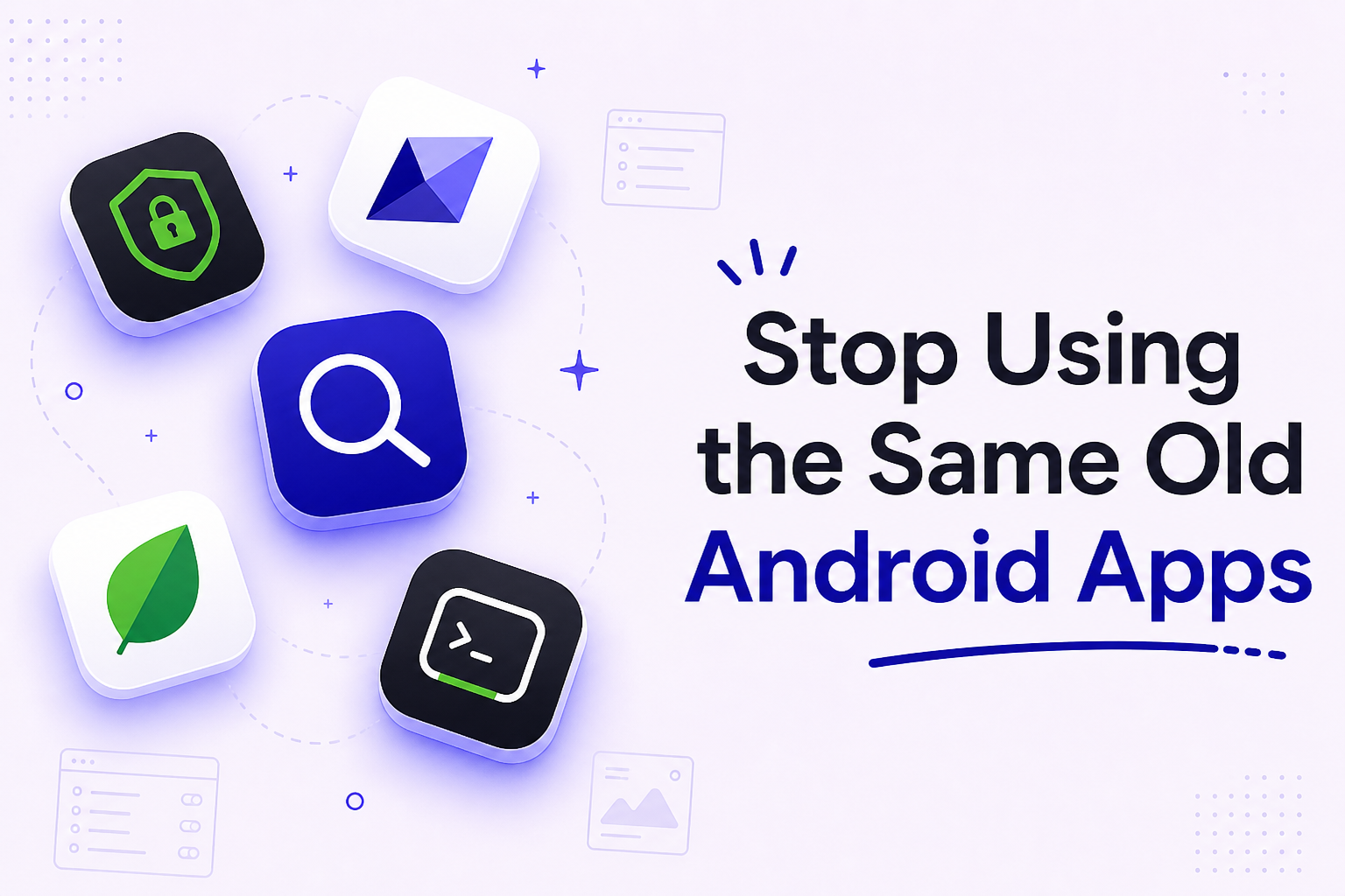 Hidden Android apps - six lesser-known app icons arranged in a dynamic pattern on pale lavender background with deep violet accents
