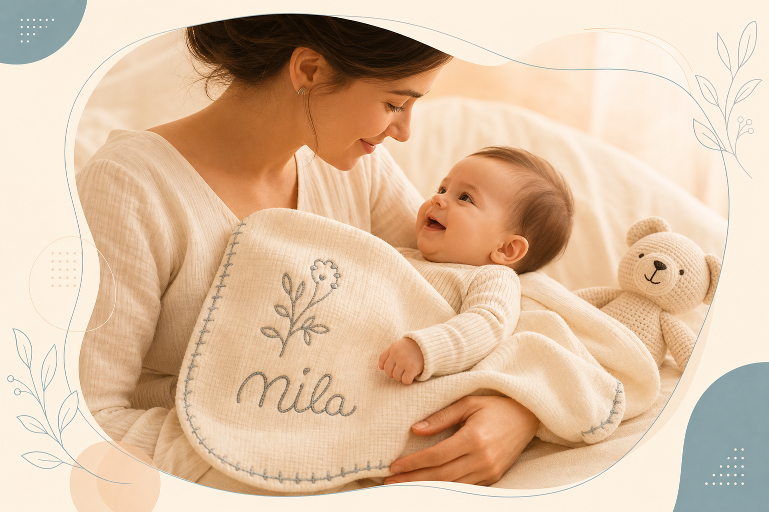 Warme Illustration von handgestickter Babyausstattung und emotionaler Verbindung zwischen Eltern und Babys