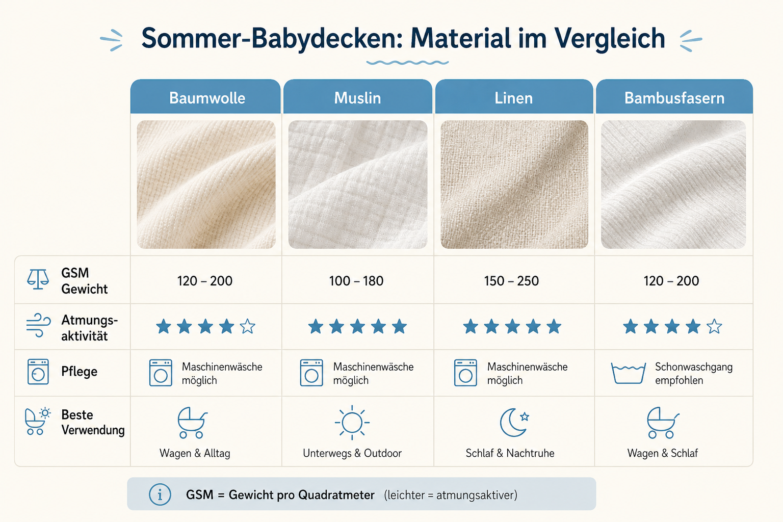 Vergleich von Babydecke-Materialien: Baumwolle, Muslin, Leinen, Bambusfasern mit GSM-Gewicht und Atmungsaktivität