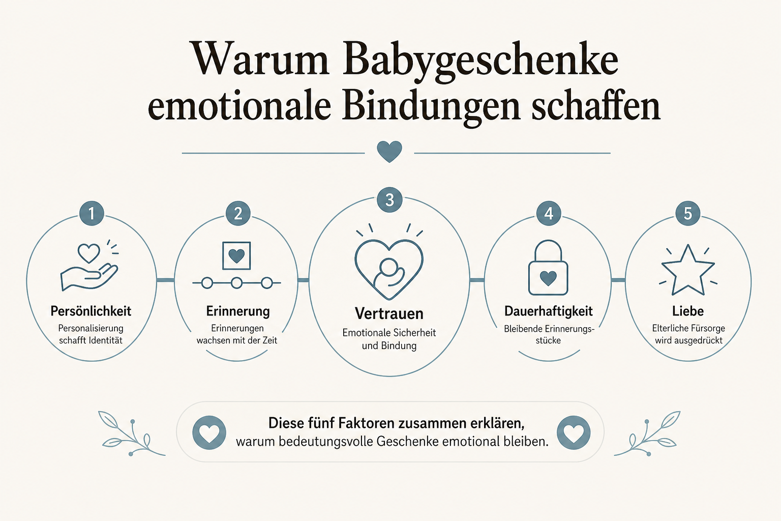 Infografik zeigend 5 psychologische Faktoren warum Babygeschenke emotional wirken