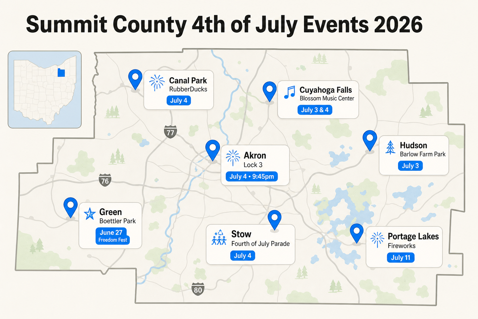 Summit County 4th of July events map for 2026, as taken from Northeast Ohio Family Fun