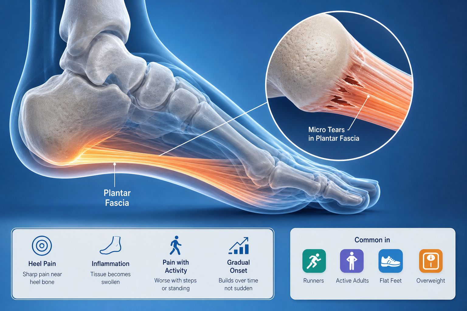 Illustration showing the plantar fascia running along the bottom of the foot near the heel