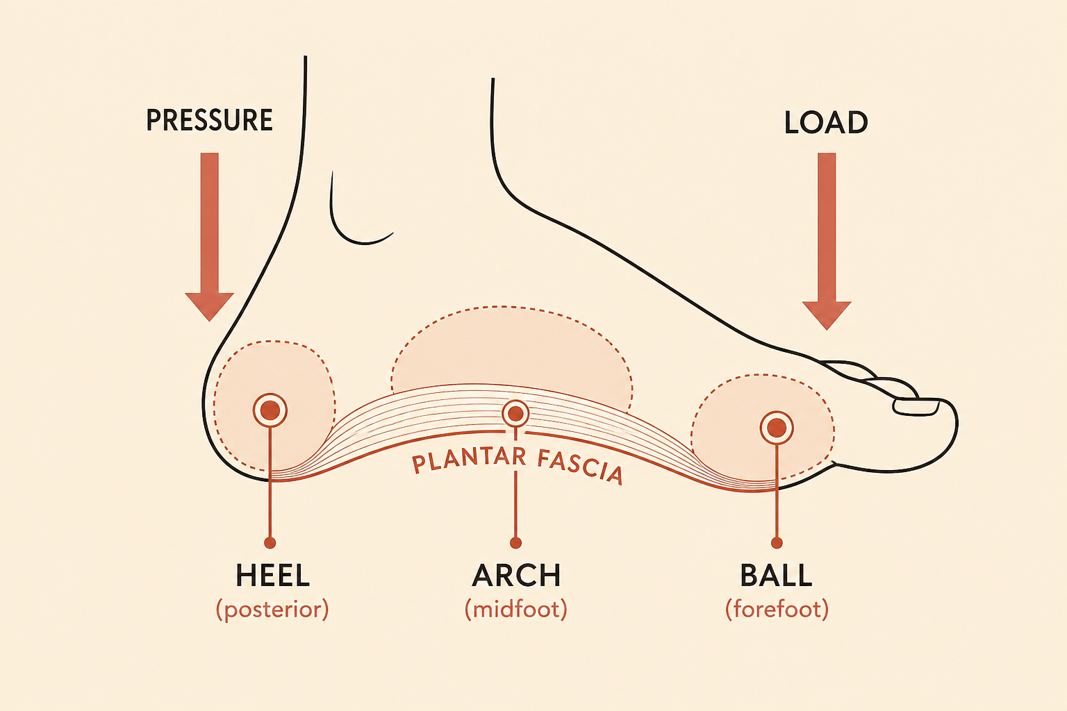 Foot anatomy illustration showing plantar fascia zones along the bottom of the foot