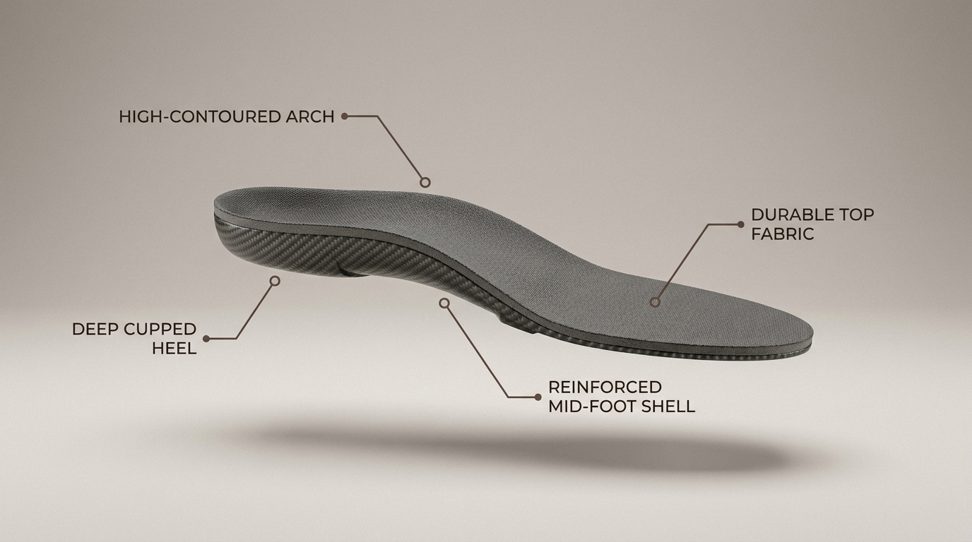 Illustration showing the four key features of high-quality orthotics: firmness, heel stability, arch specificity, and durability