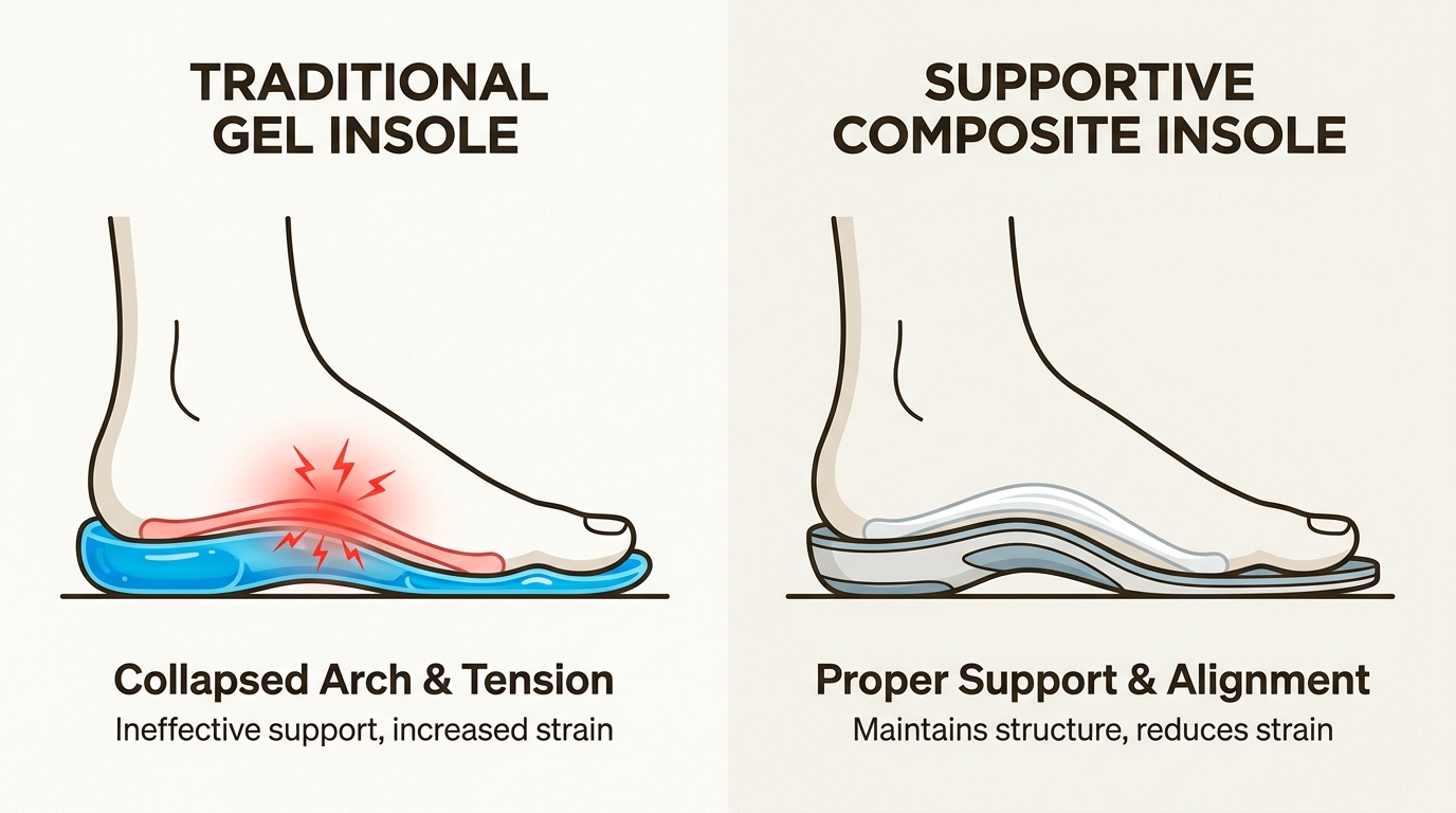 Illustration showing that soft cushioning can fail to provide structural arch support