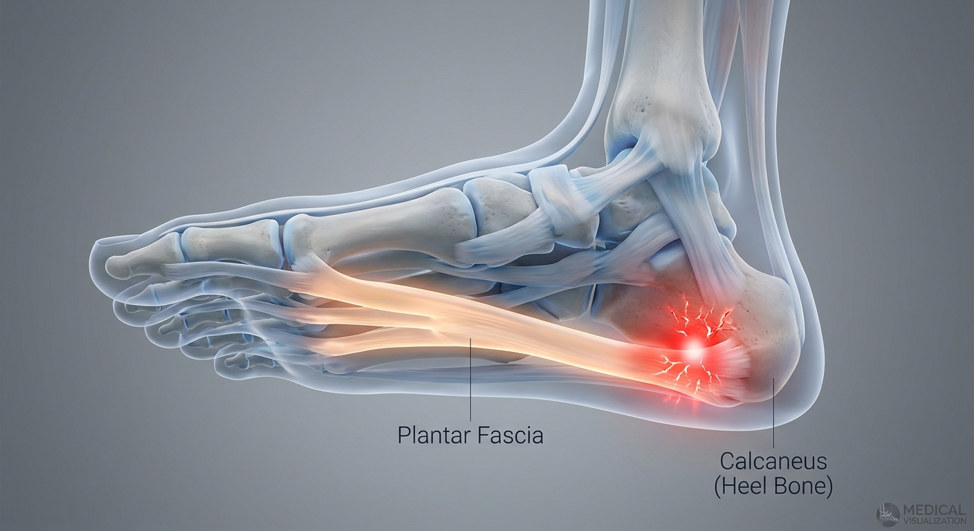 Illustration showing plantar fasciitis caused by repetitive stress and micro-tears in the plantar fascia
