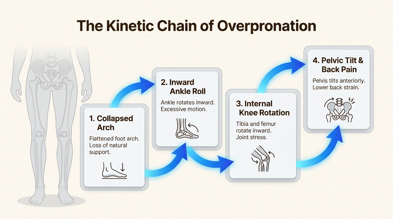 Illustration showing how foot alignment can affect the knees, hips, and lower back