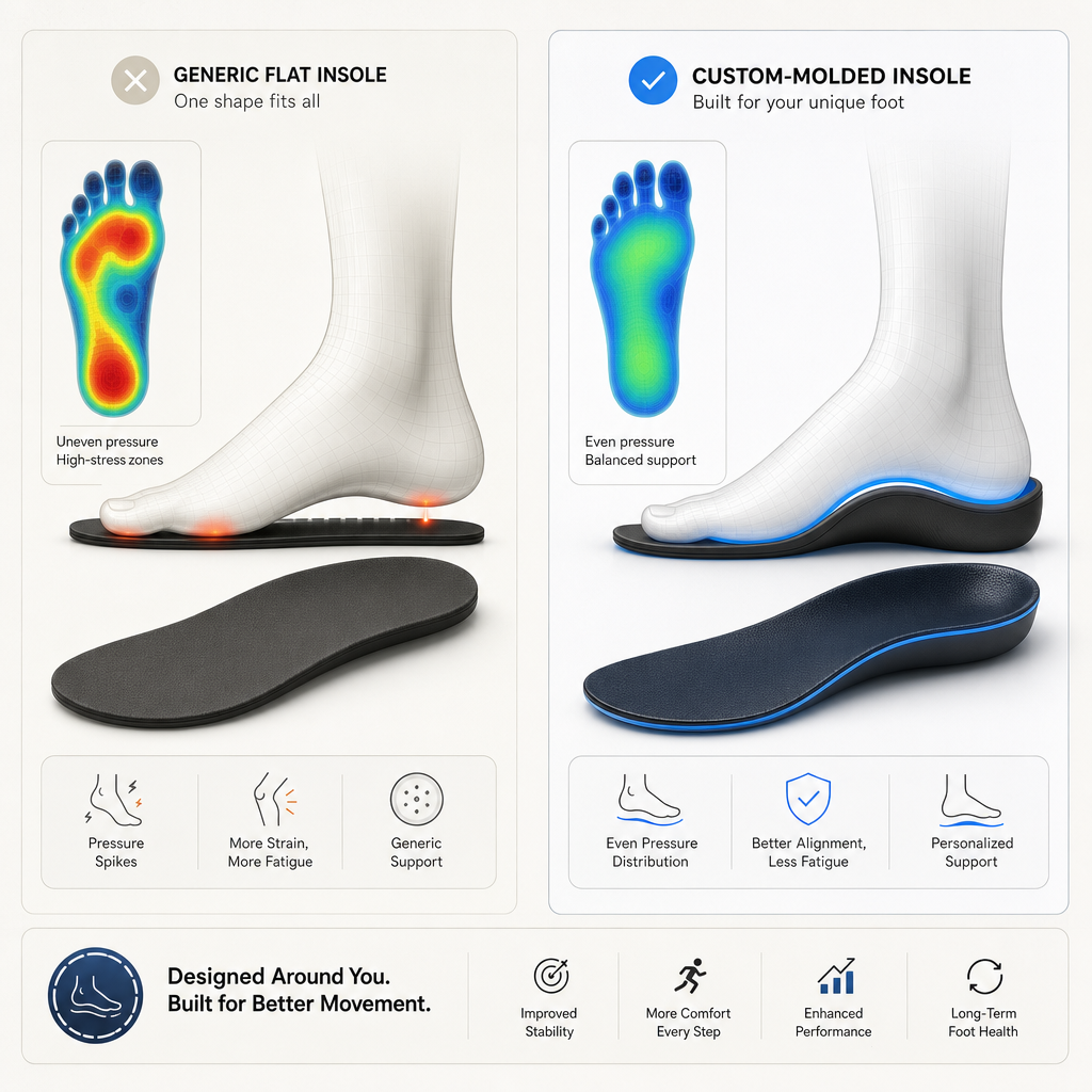 Infographic showing custom-molded support following the shape of the foot