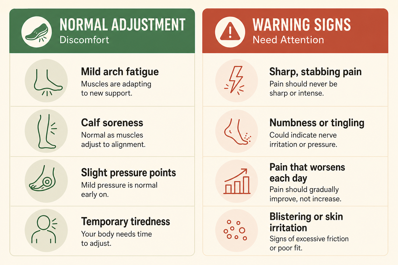 Comparison chart showing normal adjustment discomfort versus warning signs