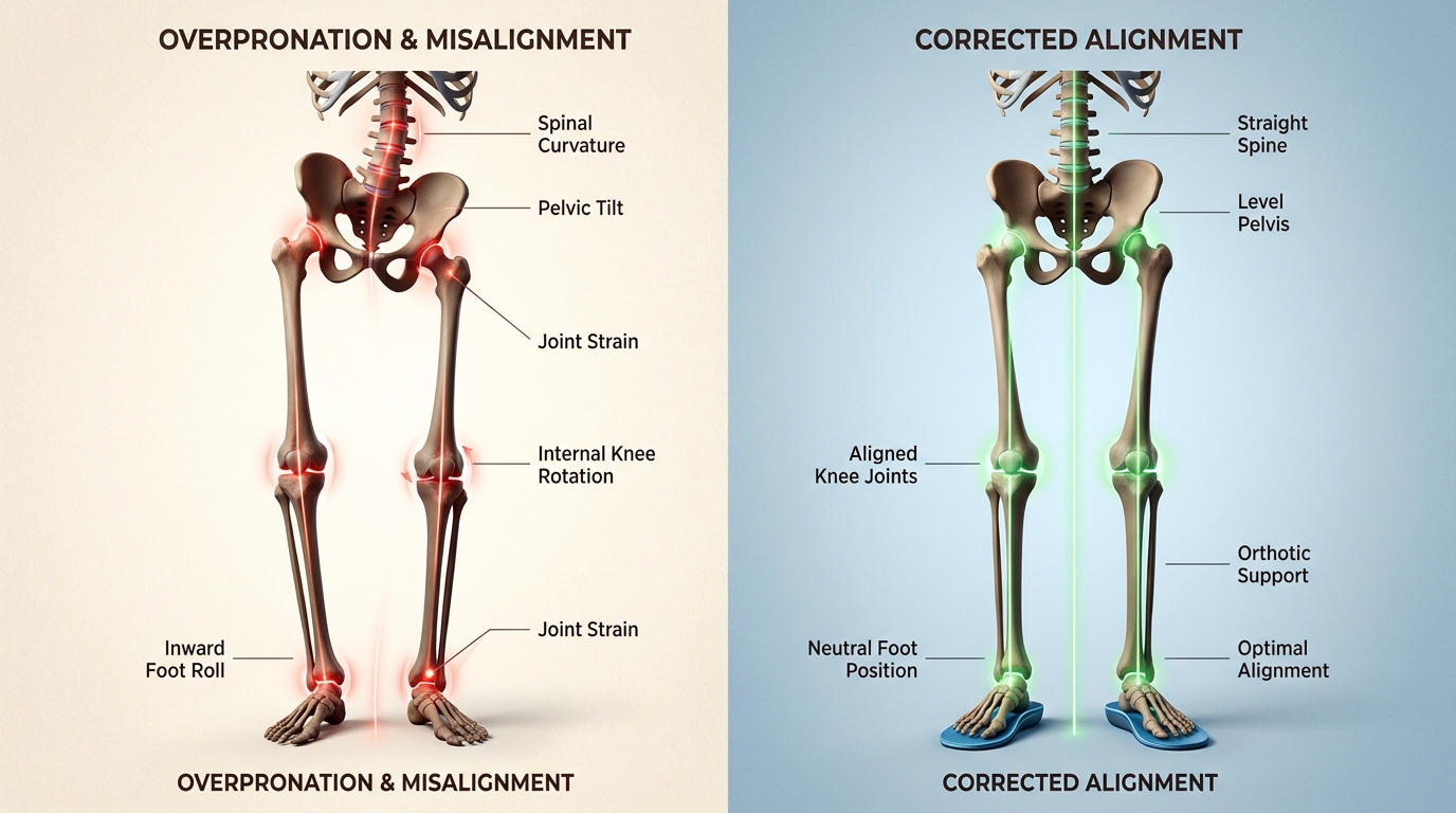 Illustration showing how foot alignment can influence the knees, hips, and lower back