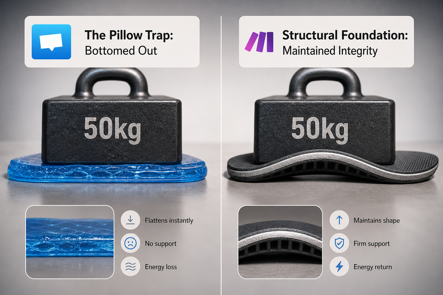 Illustration comparing soft cushioning with firmer structural support for long shifts
