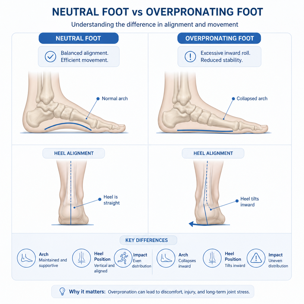 Infographic showing the difference between neutral foot alignment and overpronation