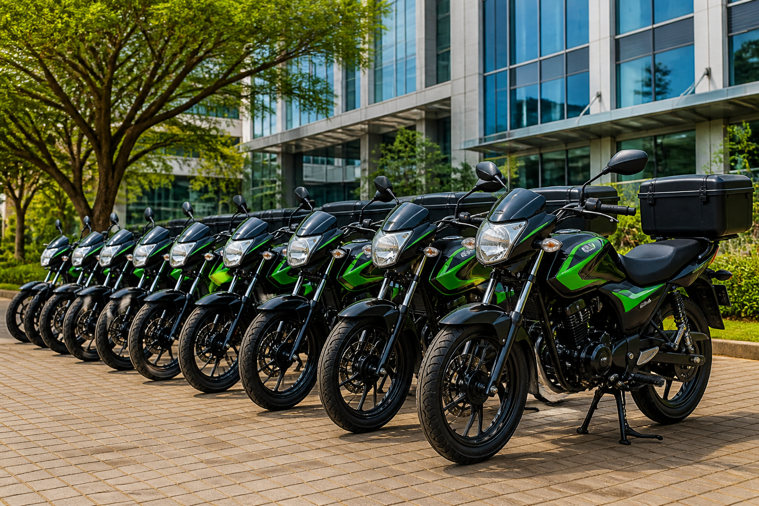 Corporate delivery fleet of 10 motorbikes lined up with matching new tyres, professional photography