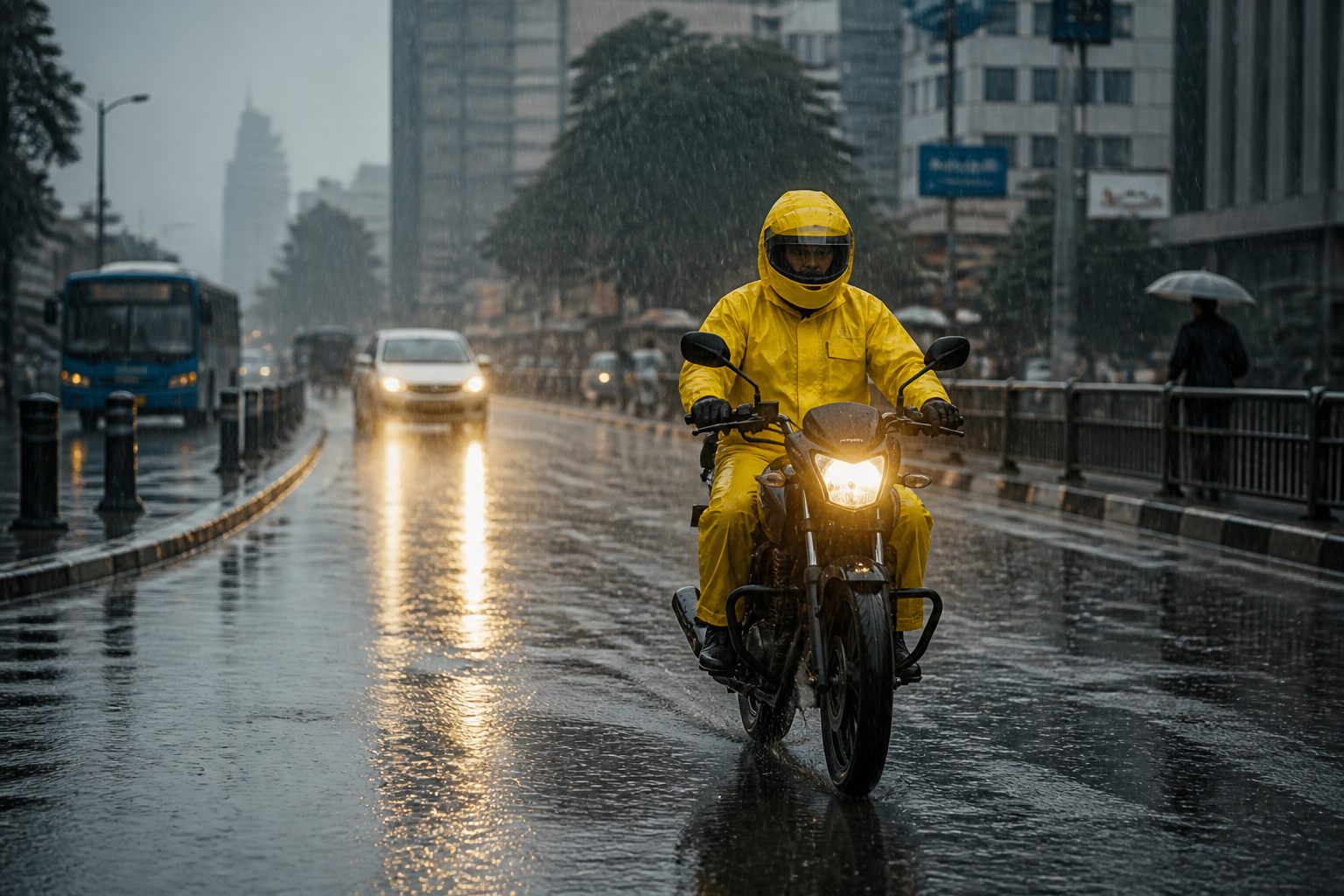 Motorbike rider in full yellow high-visibility rain gear riding on wet Nairobi road in heavy rain, headlights reflecting on wet tarmac