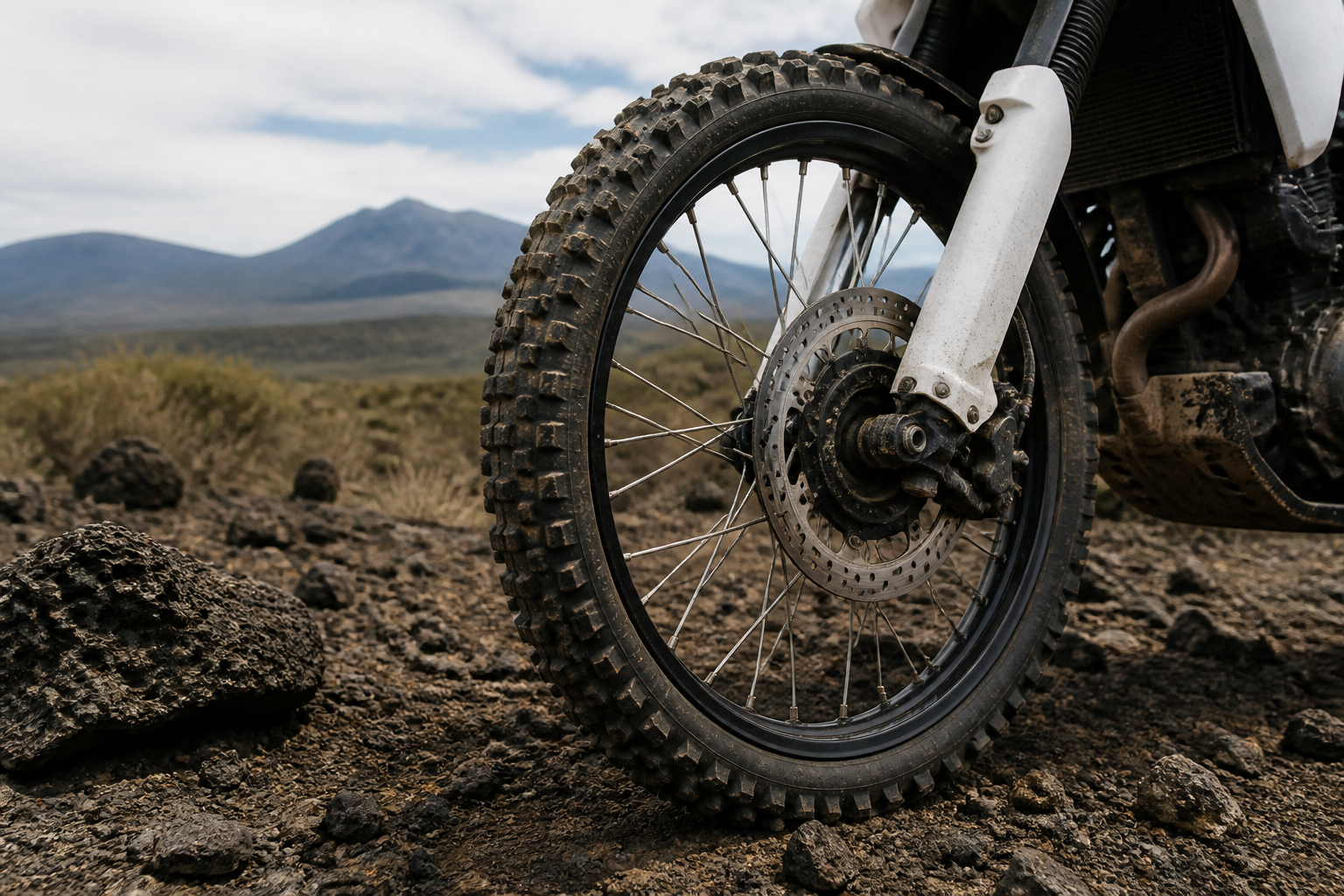 WR155 front wheel close-up showing 21-inch spoke wheel with off-road tyre on rocky Kenyan terrain