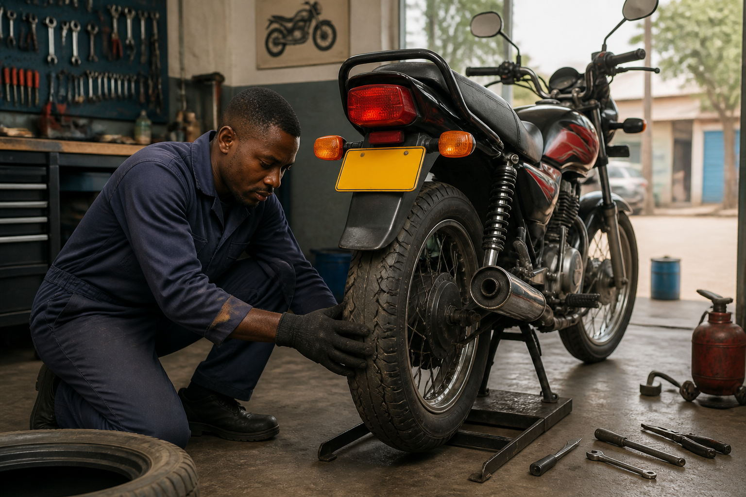 Motorbike mechanic in Nairobi workshop changing motorcycle rear tyre, professional setting