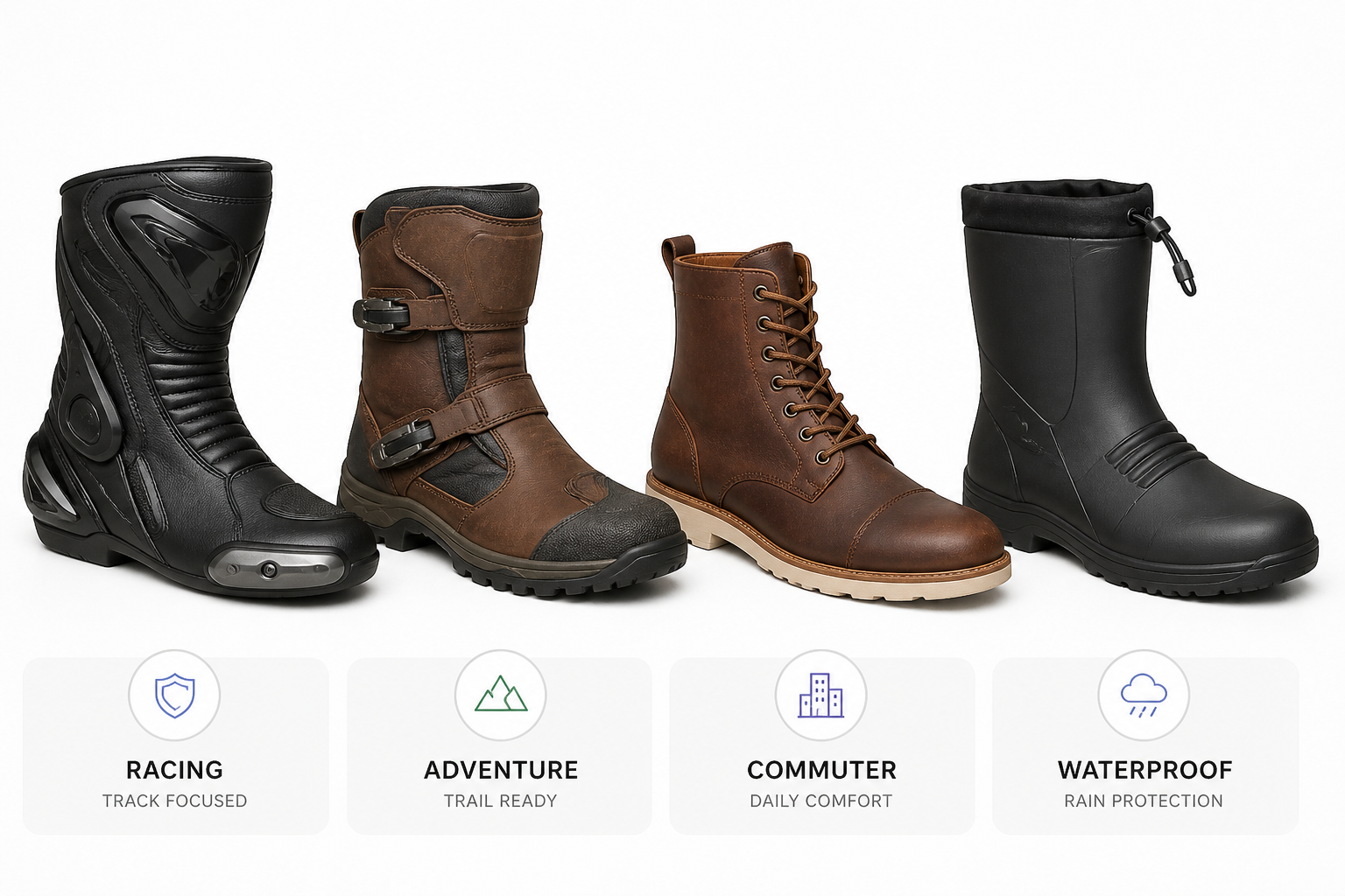 Four types of motorcycle boots comparison: racing, adventure, commuter, and waterproof rain boots