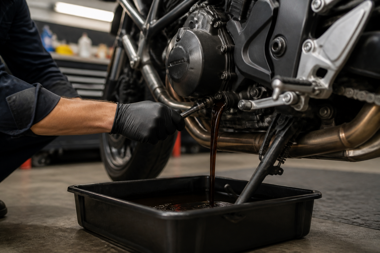 Mechanic draining old engine oil from motorcycle in professional workshop