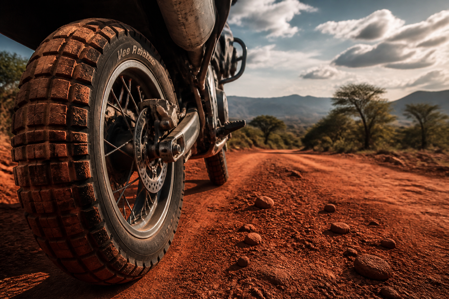 Vee Rubber tyre on red laterite Kenyan road