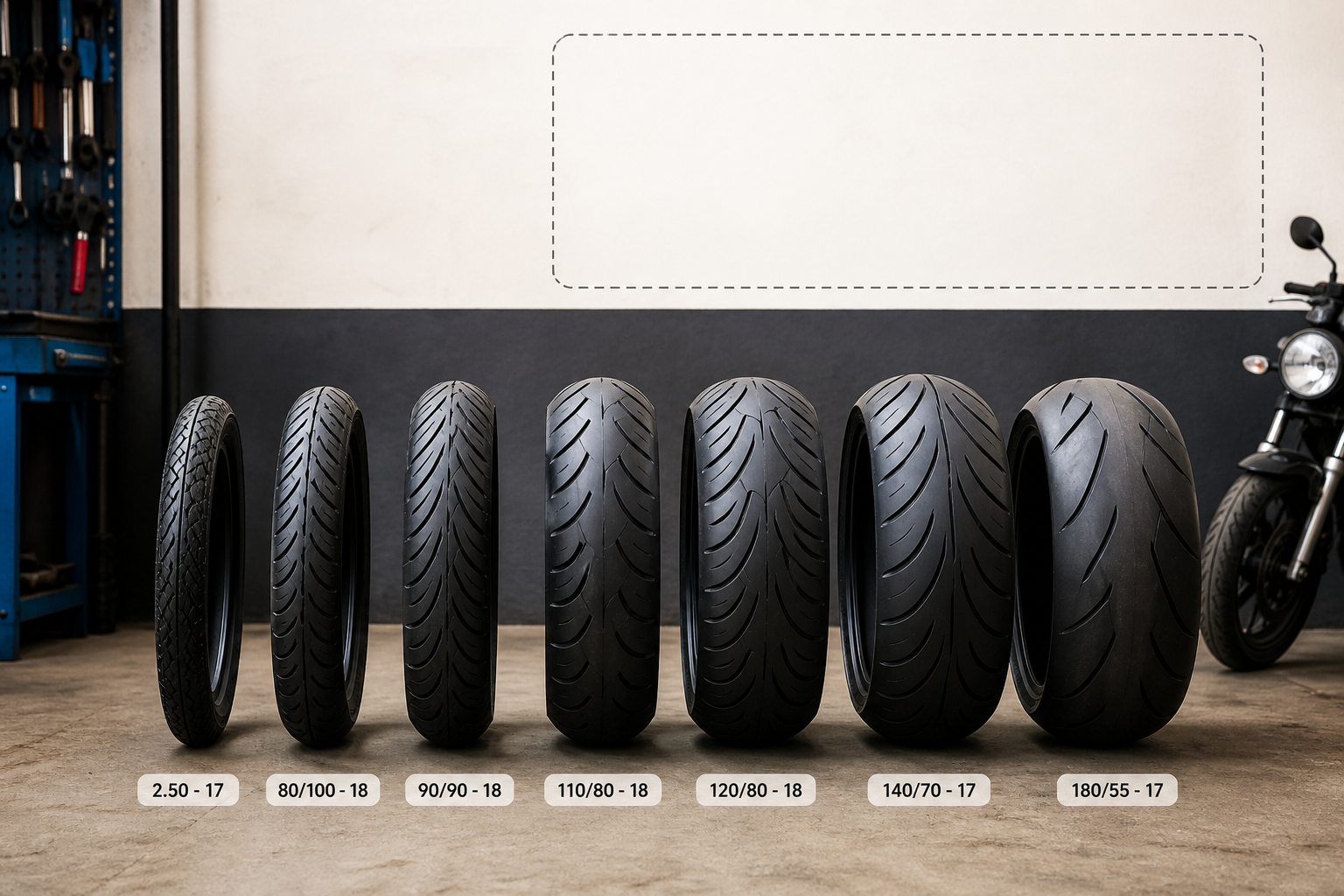 Motorbike tyre size comparison display, multiple different sized motorcycle tyres