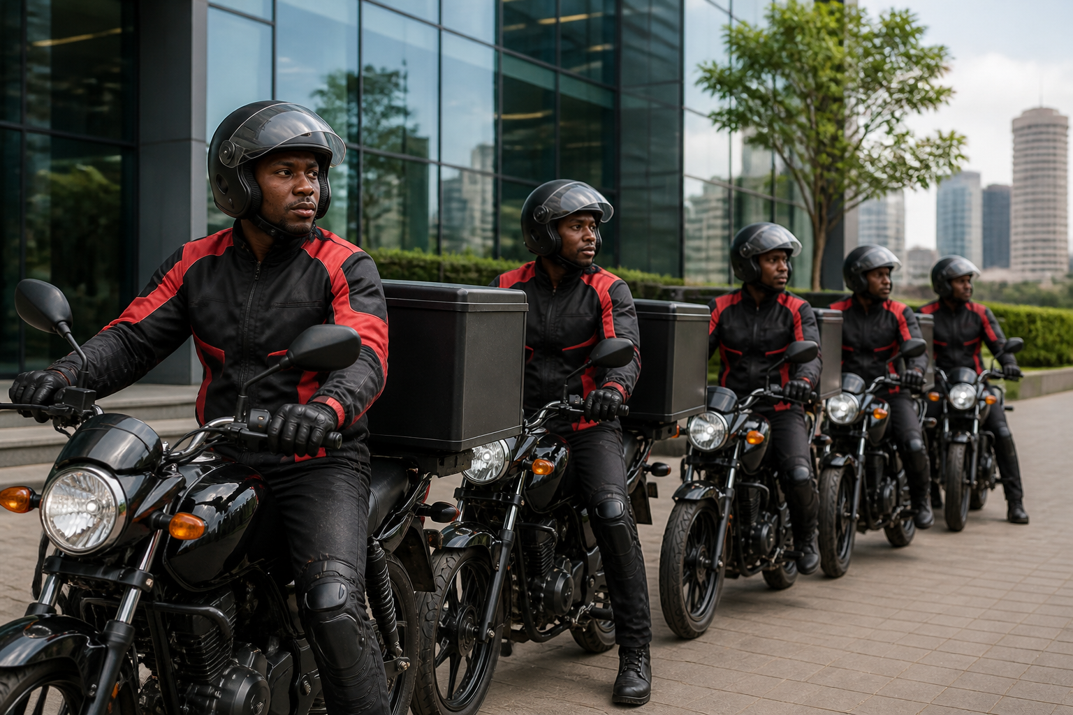 Corporate motorcycle riders in branded jackets