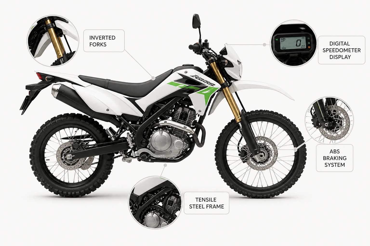 Kawasaki KLX 230SE detailed profile shot with specs highlighted