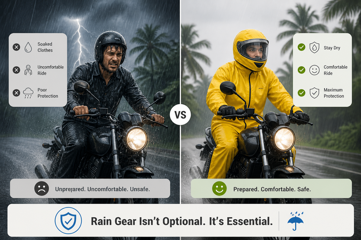 Split comparison showing rider without rain gear getting soaked in tropical downpour vs same rider with full yellow waterproof protection, clear safety messaging