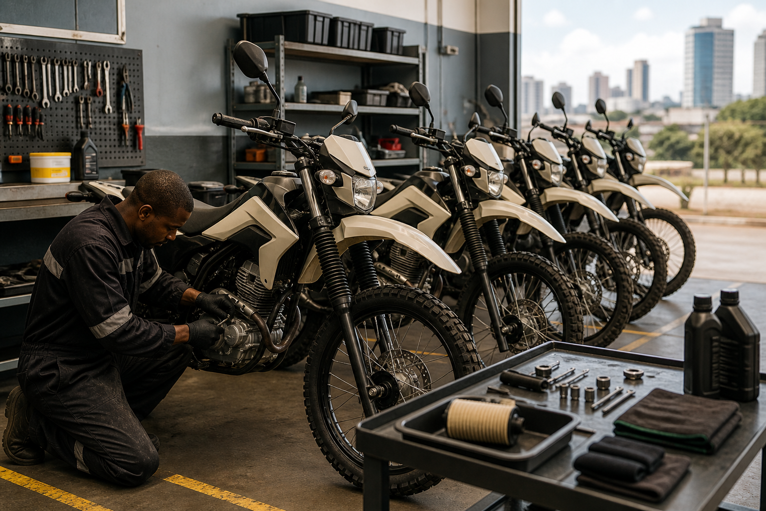 Professional Kenyan workshop with mechanic doing scheduled maintenance on row of Kawasaki KLX 230SE bikes
