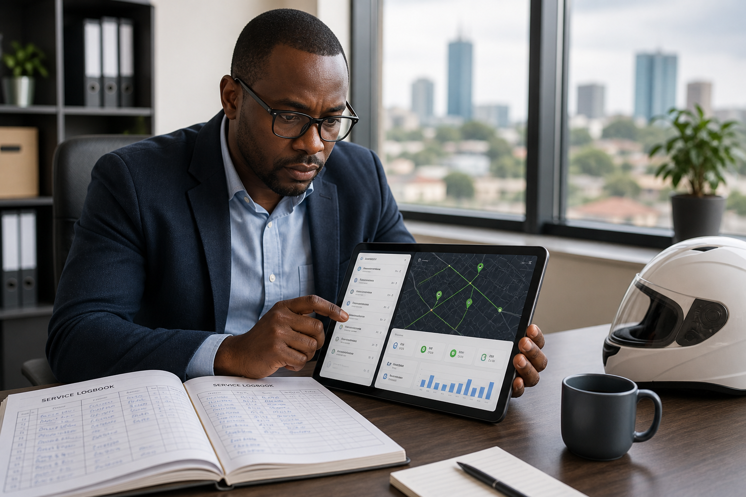 Fleet manager reviewing motorbike tracker data on tablet in Nairobi office