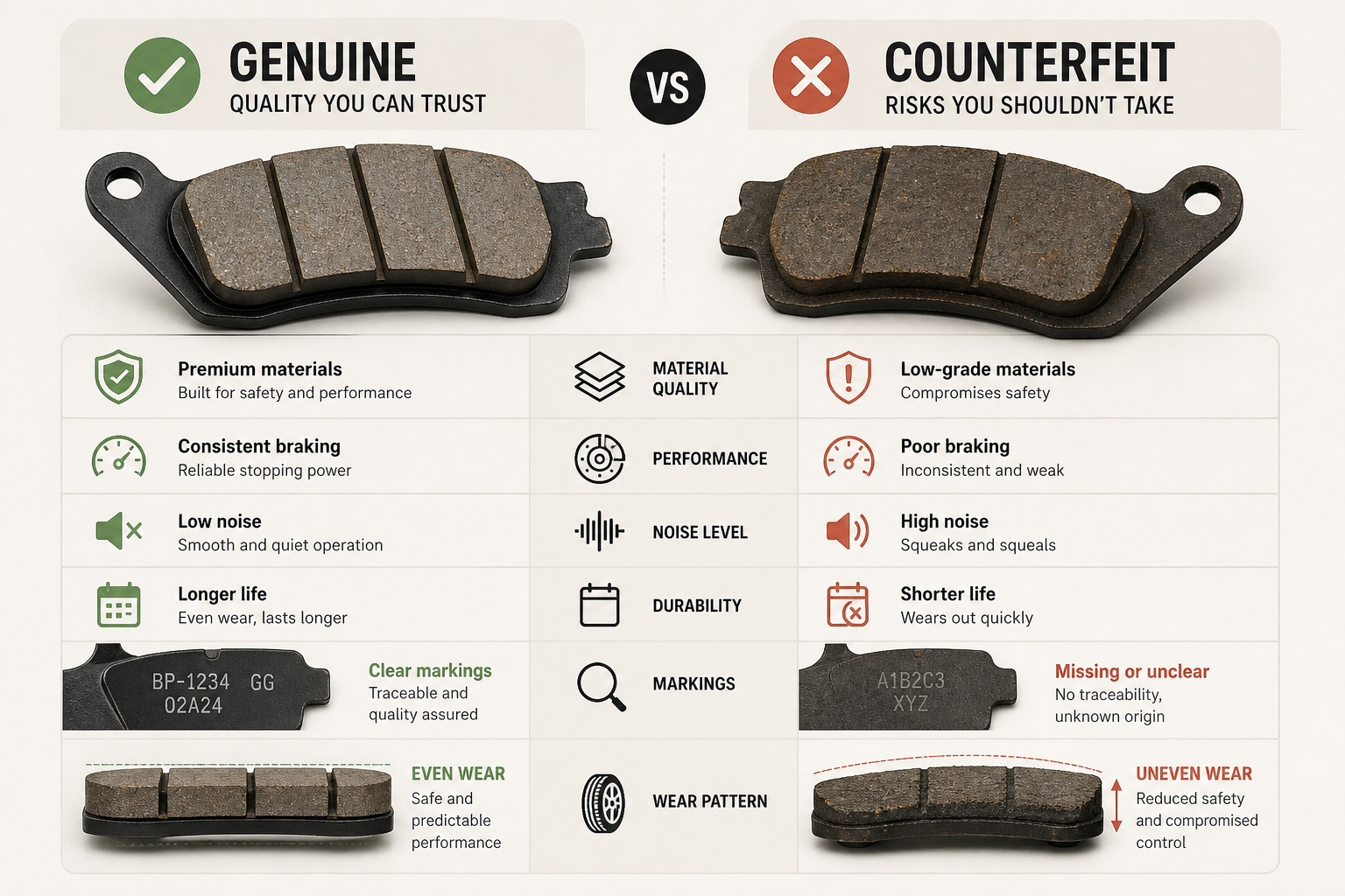 Side-by-side comparison of genuine versus counterfeit motorcycle brake pads showing quality differences