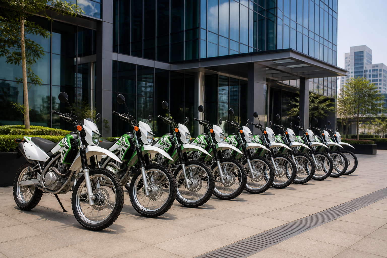 Corporate fleet of Kawasaki KLX motorbikes at modern Nairobi office