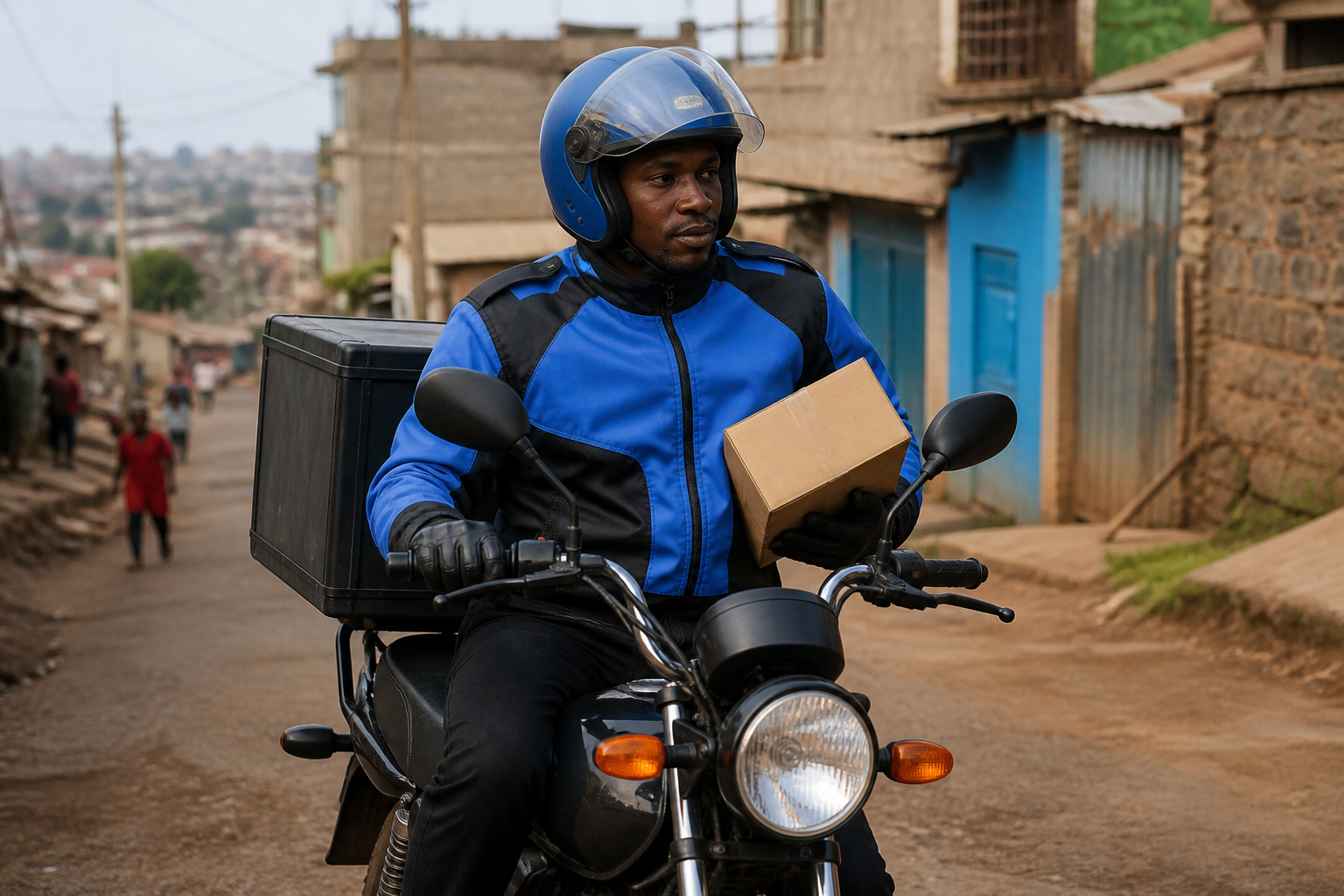 Last-mile delivery rider in branded company uniform navigating Nairobi estate