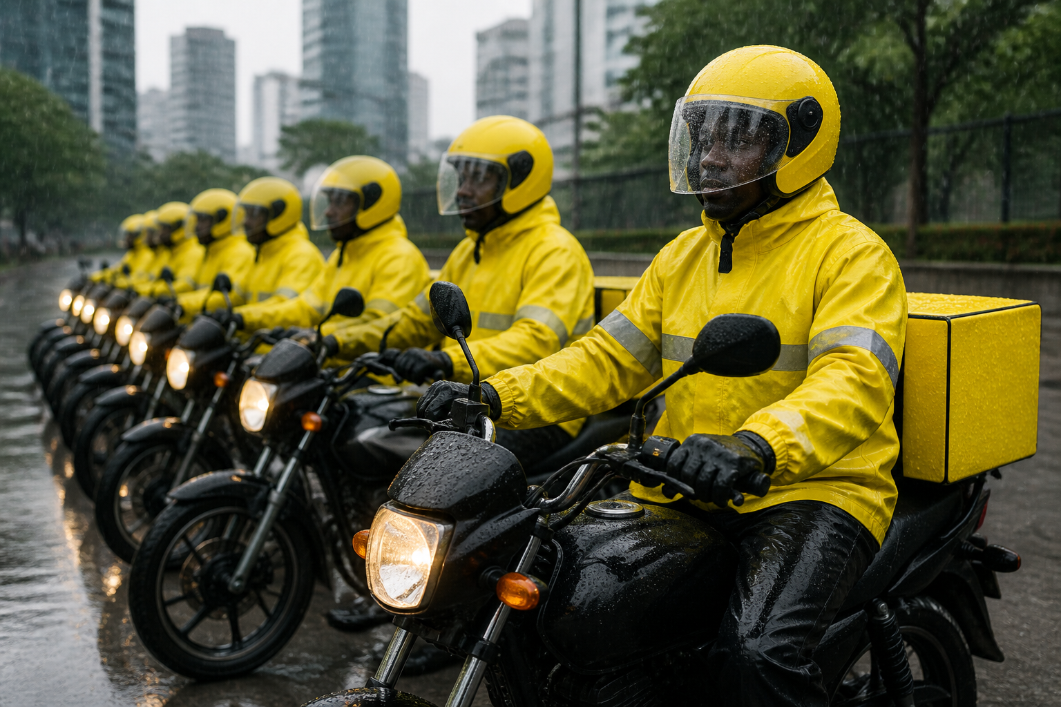 Corporate delivery motorcycle riders in matching high-vis yellow rain gear lined up during heavy Nairobi rain, professional fleet photography