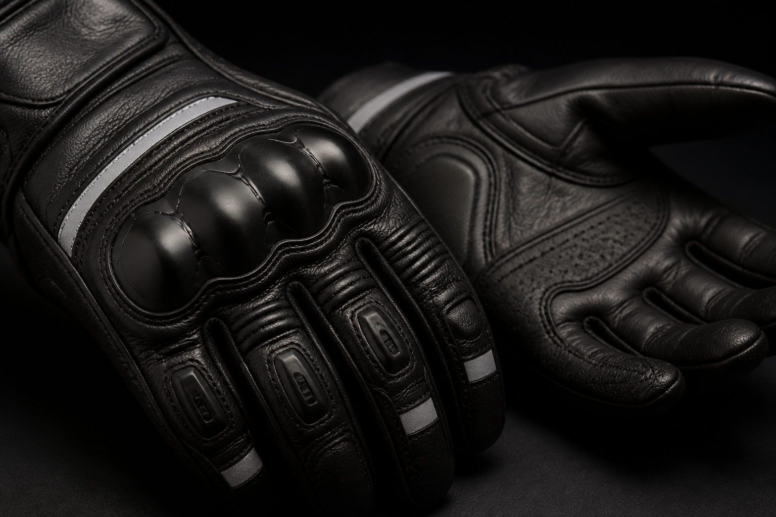 Close-up of protective motorcycle gloves with reflective strips