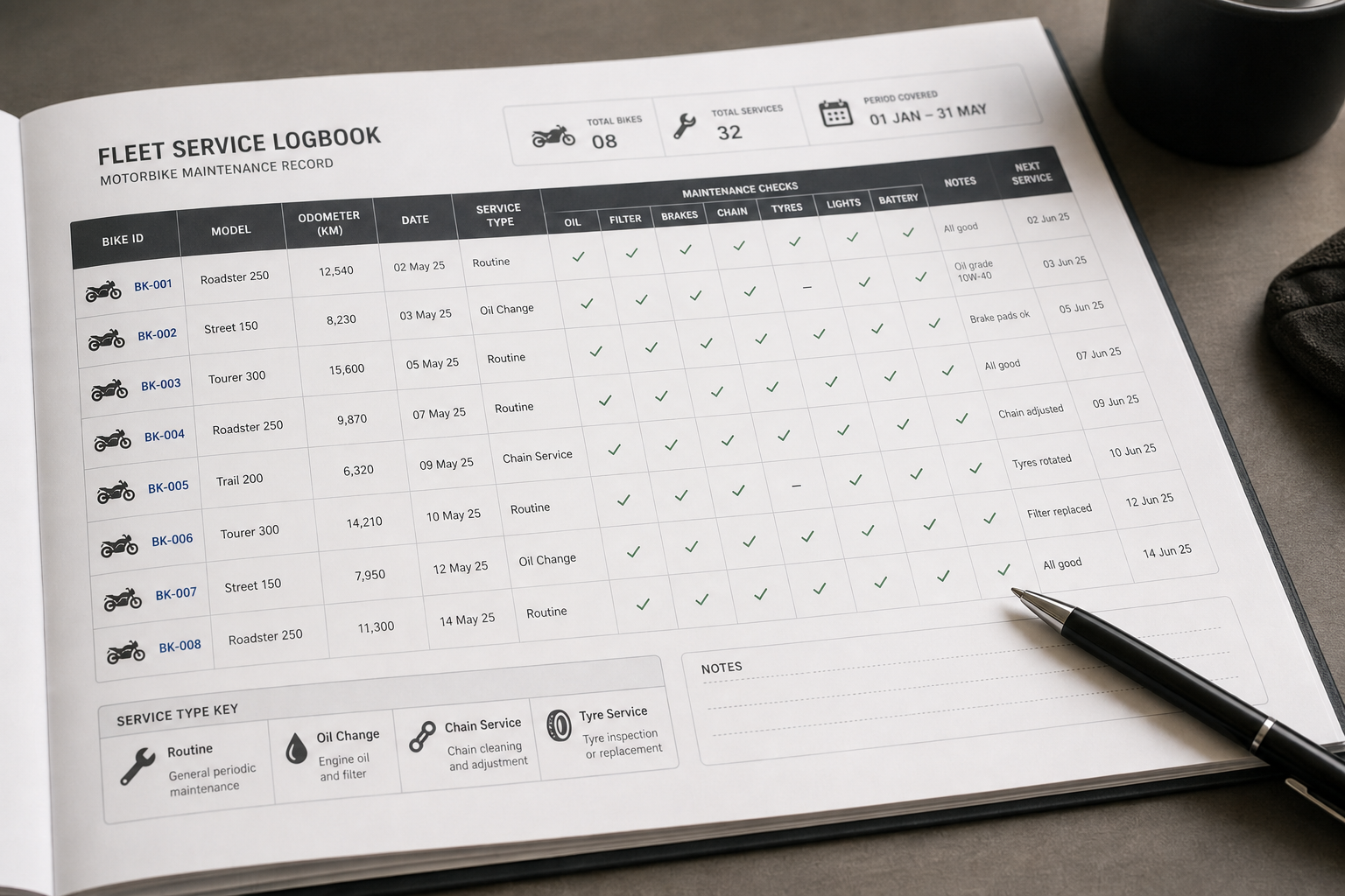 Fleet service logbook showing maintenance records for multiple motorcycles
